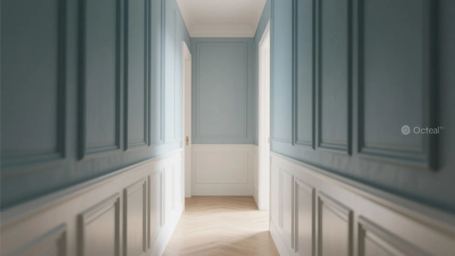 White wainscoting and dusty blue walls in a narrow hallway creating French charm