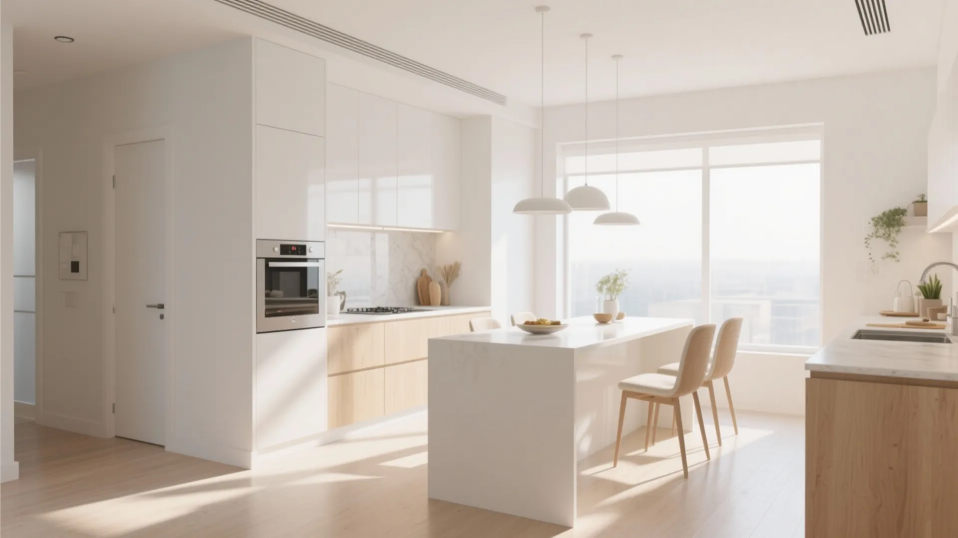 Bright modern kitchen with warm white walls, light wood cabinets and reflective surfaces