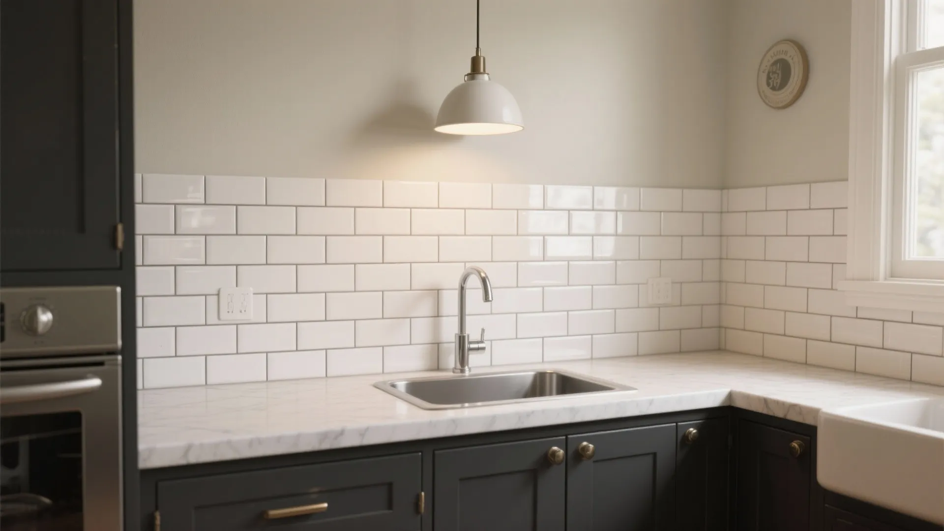 Small kitchen with classic white subway tile backsplash and contrasting dark lower cabinets.