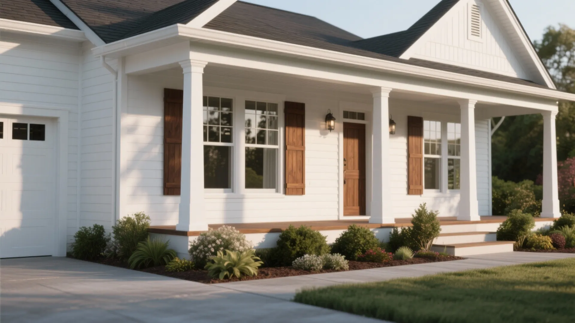 Classic white house with brown wooden door, dark roof, front porch, and small garden bushes