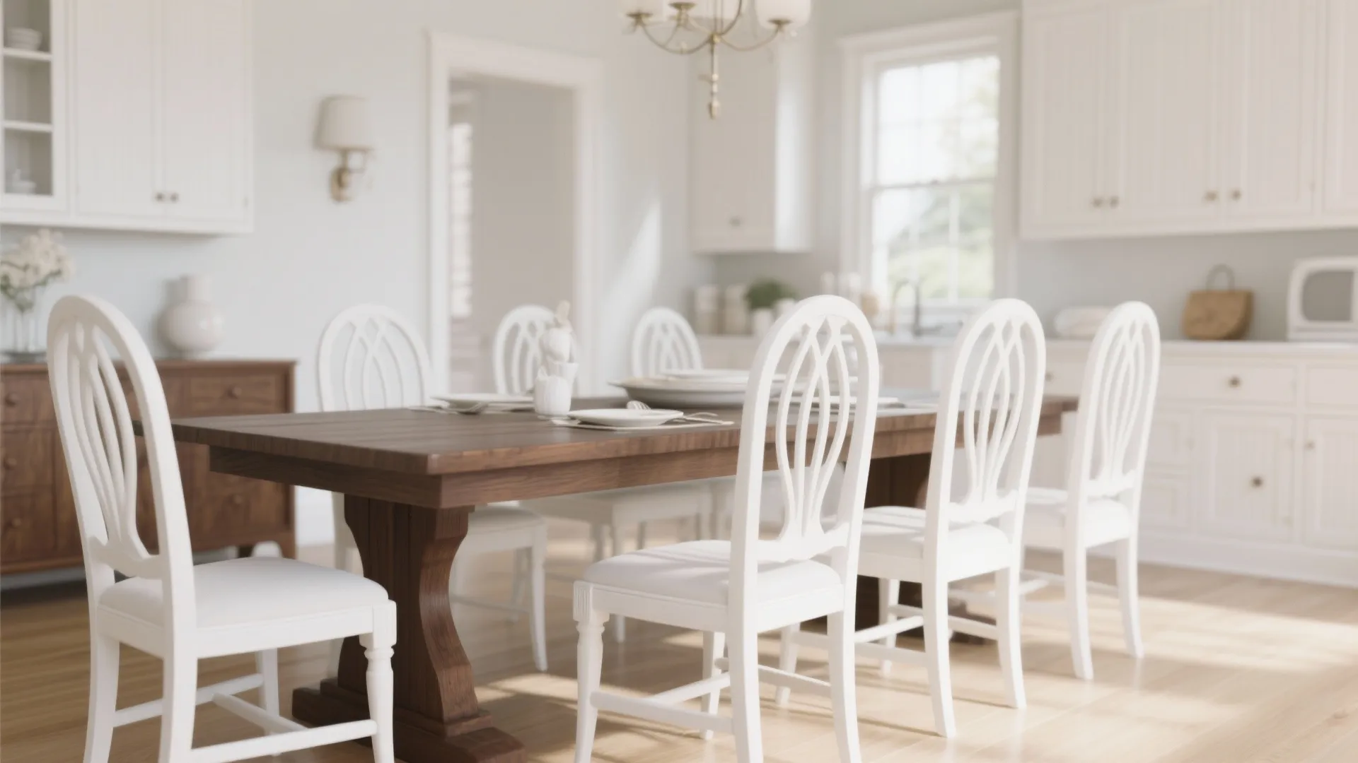 White dining chairs with dark wood table in a bright room