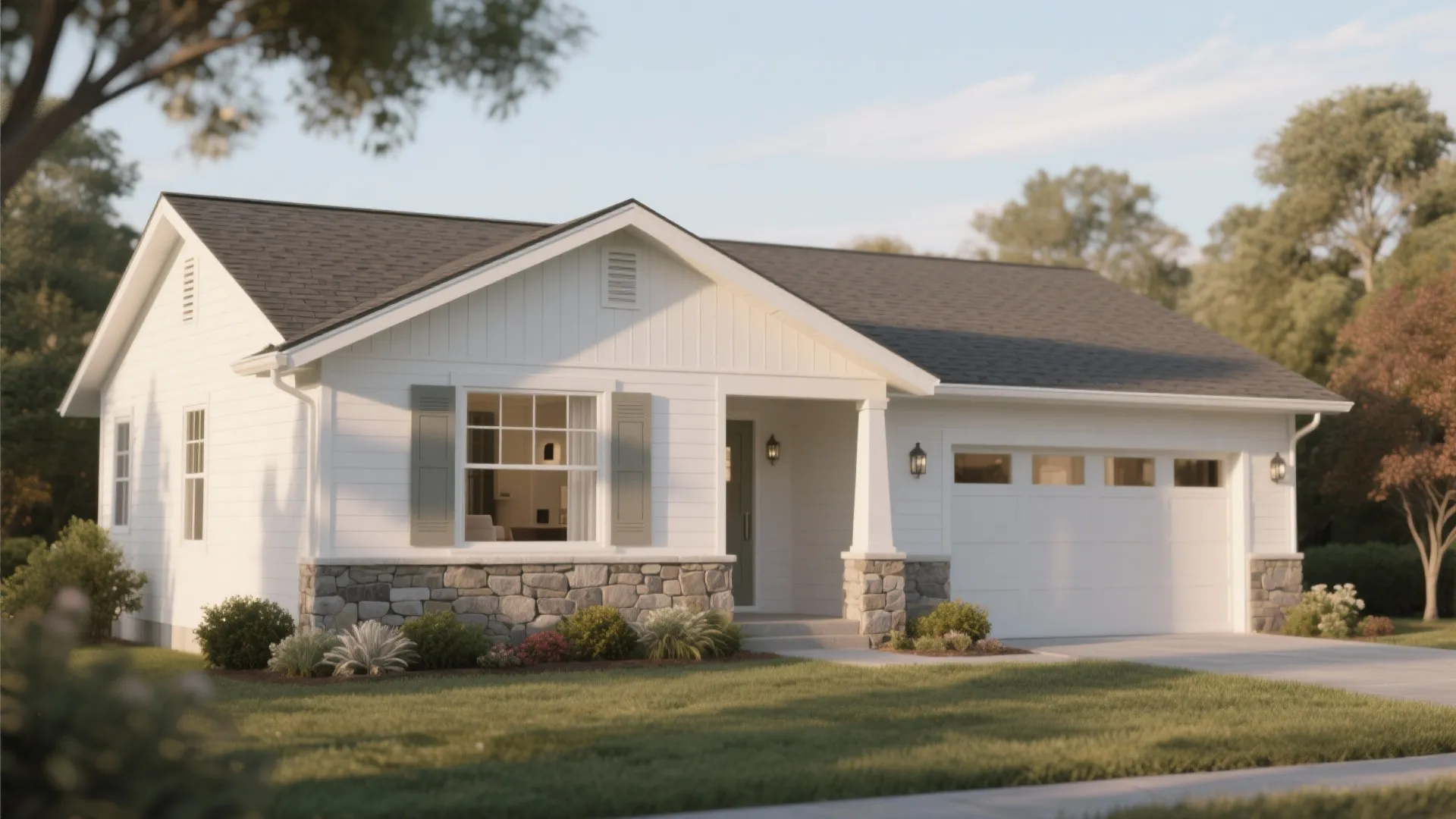 5. Classic White Exterior, Muted Interior Contrasts