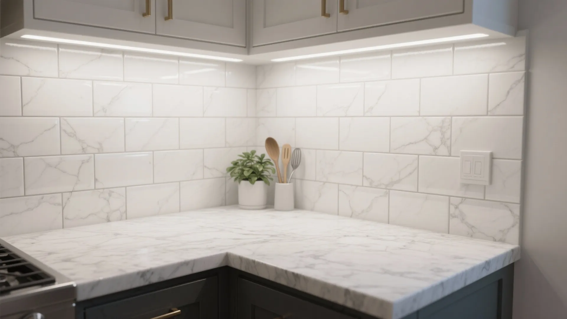 1. Classic White Granite with Subway Tile