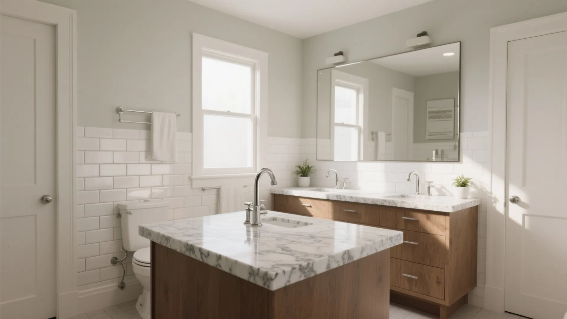 Modern bathroom with white subway tiles, marble countertop, wooden cabinets, large mirror, and natural light