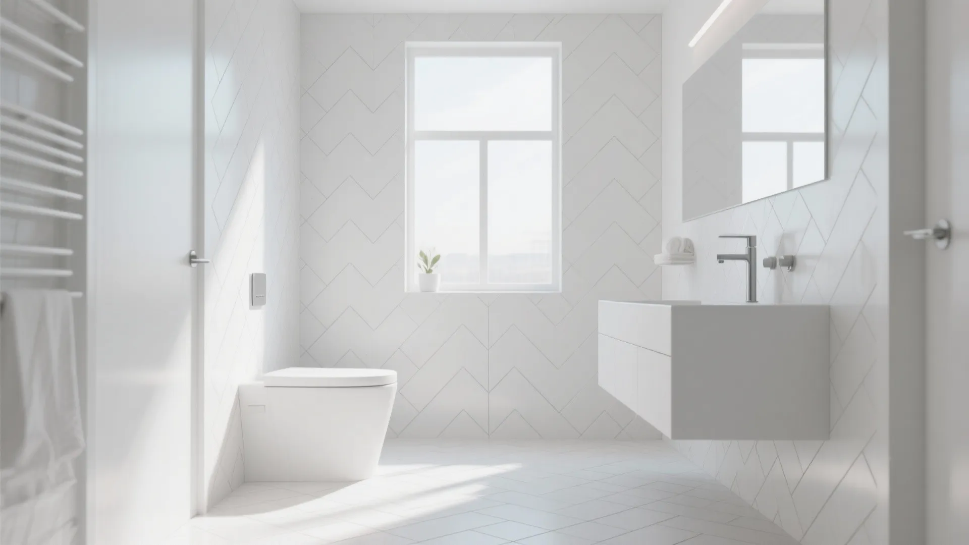 Bright minimalist bathroom with white herringbone tile walls a floating cabinet and a large window