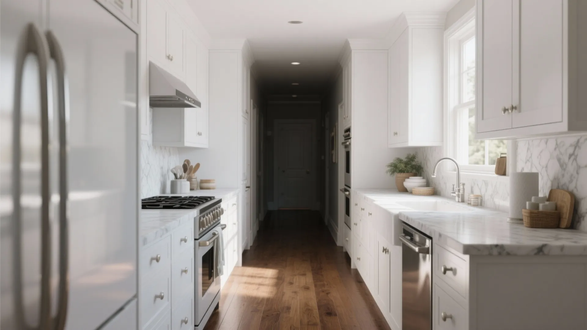 Bright small kitchen with classic white Shaker cabinets reflecting light down a corridor.