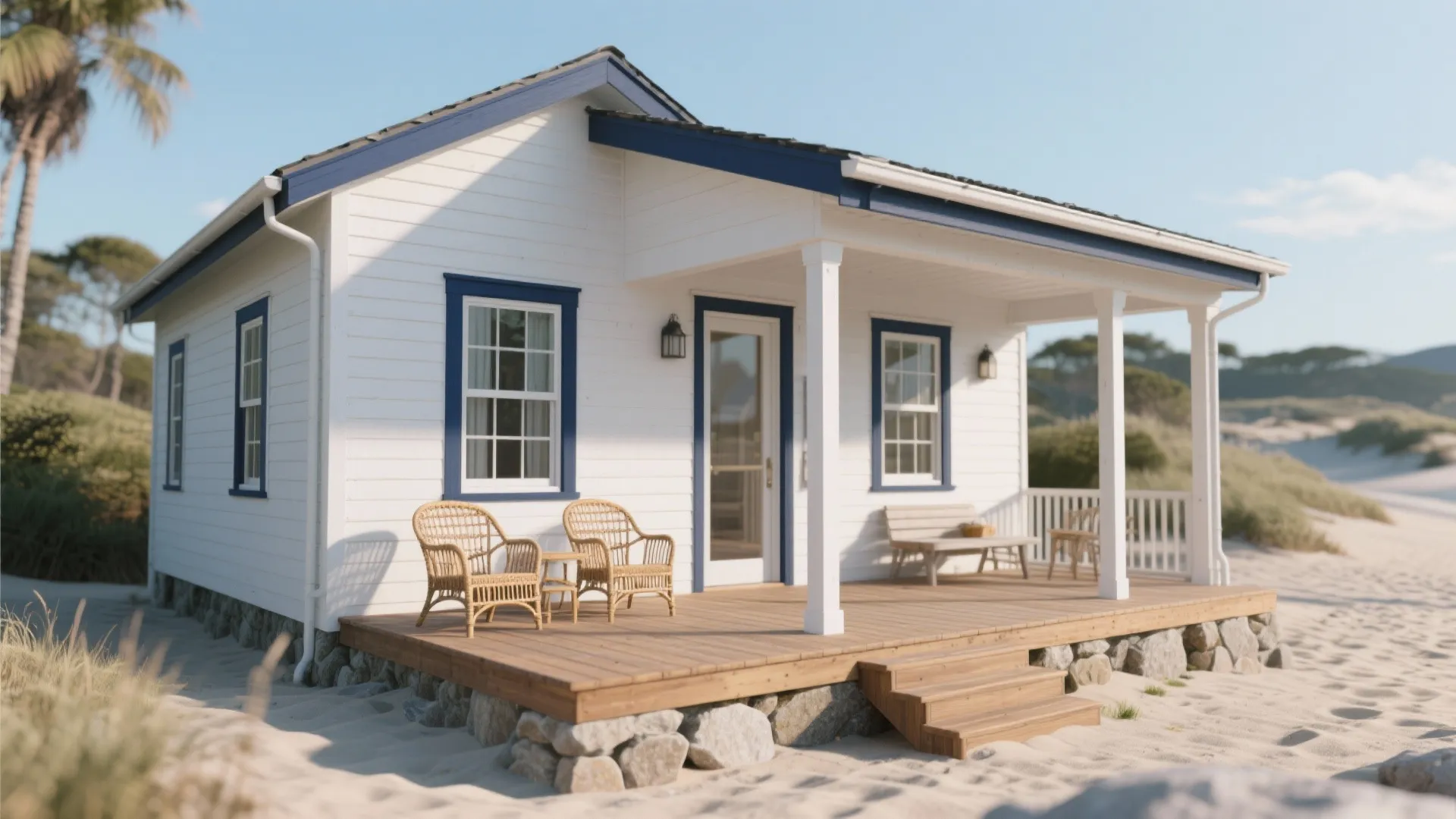 1. Classic Coastal White with Navy Trim