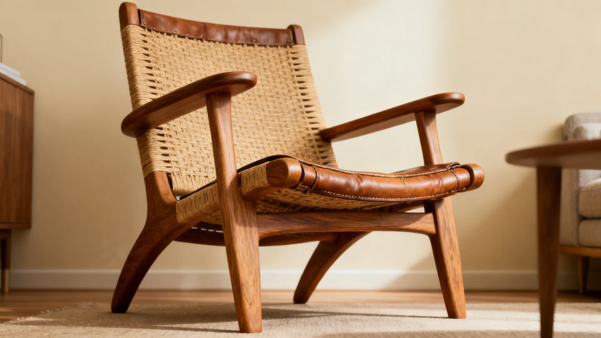 Classic solid wood lounge chair with sculpted joinery and warm wood grain in a minimal setting.