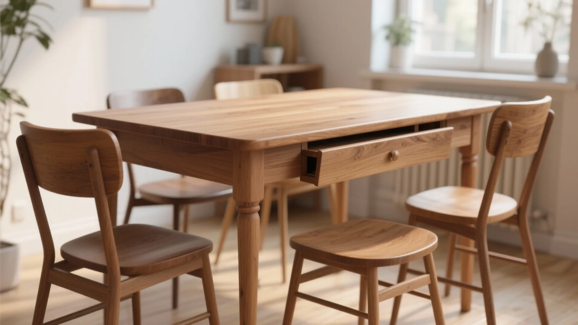 Classic solid wood drop leaf dining table in a bright room