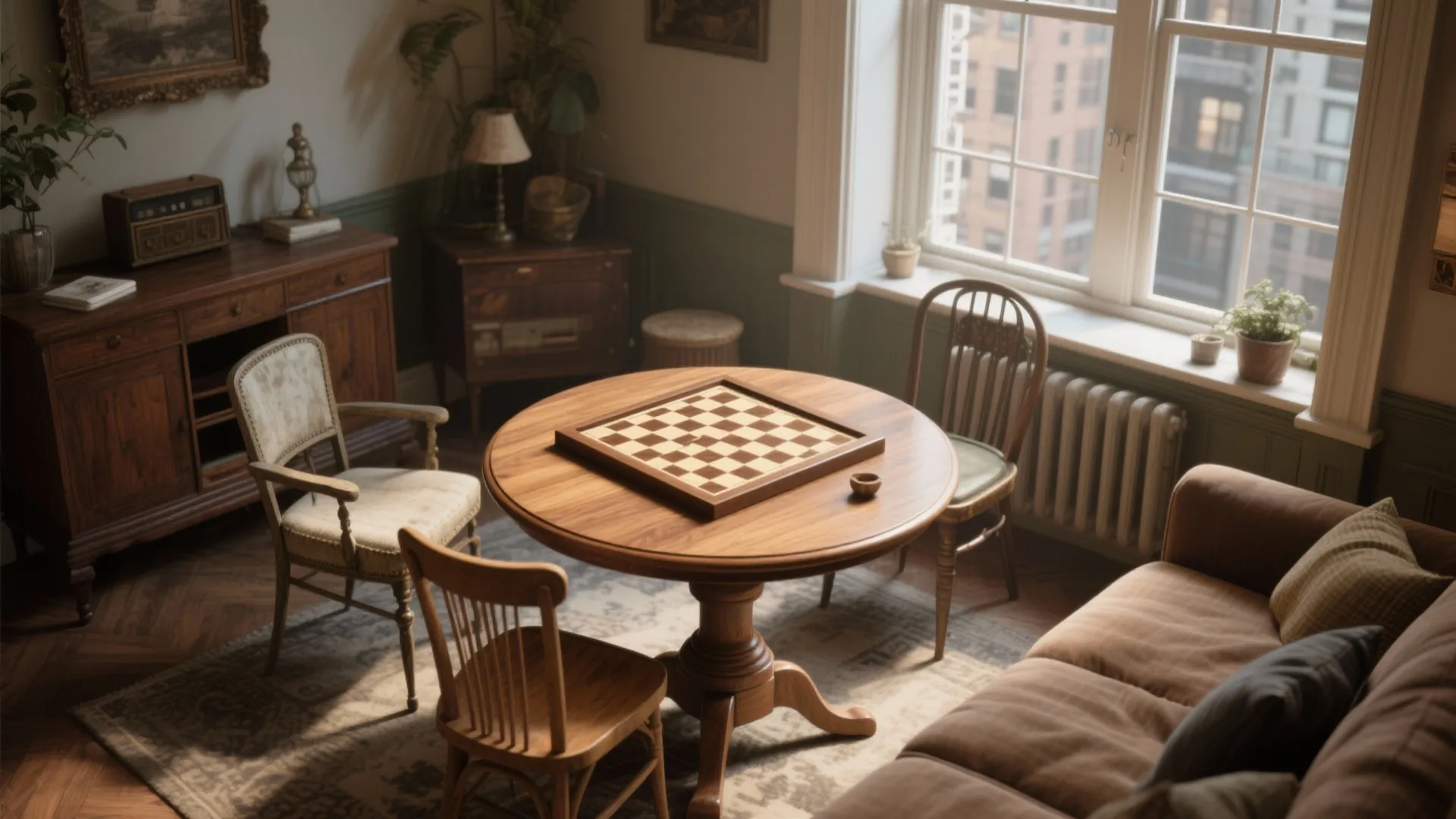 Classic round oak game table by a bay window with antique chairs