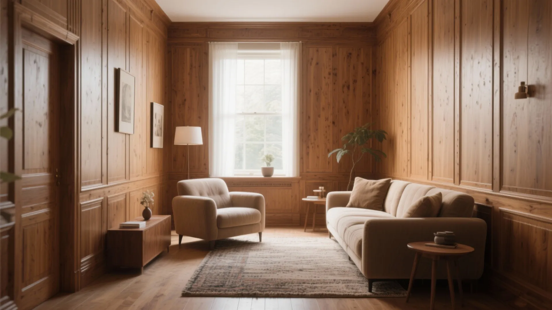 Traditional living room featuring wooden wall panels beige sofa armchair rug and bright natural window