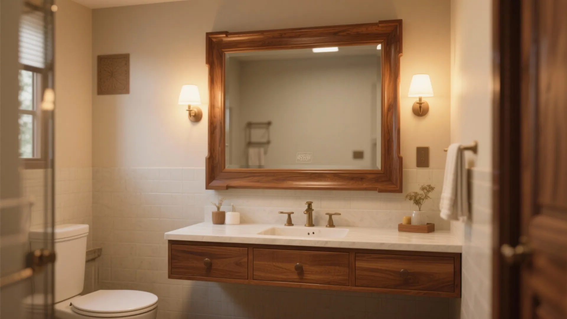 Warm bathroom featuring large wooden mirror frame wall light white sink and floating wood cabinet