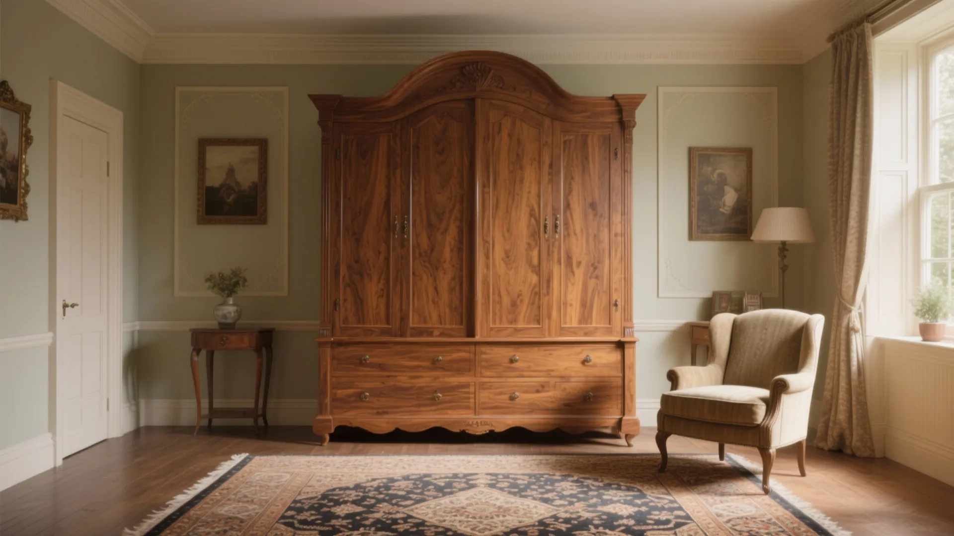 Large wooden cabinet in classic living room with rug armchair wall lamp curtains and green walls