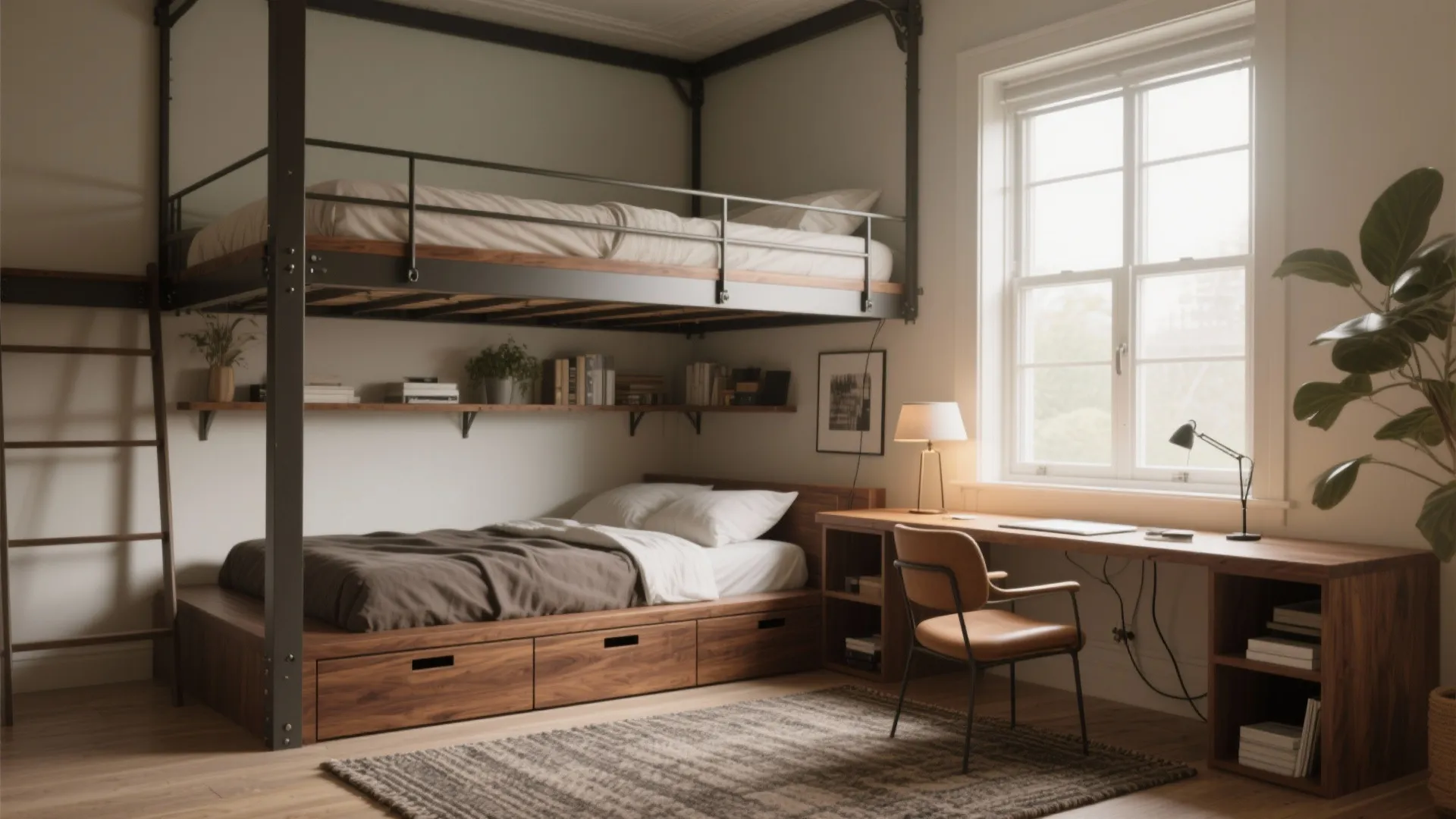 Classic loft bed with a built-in desk and neat cable management under the elevated platform.