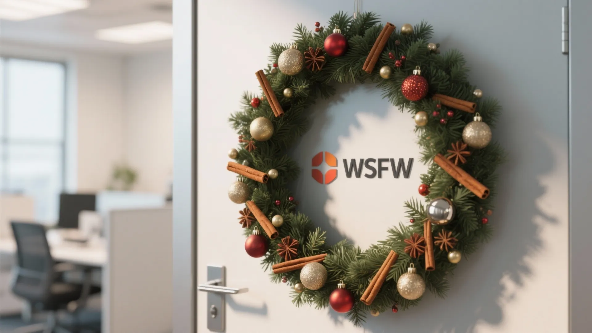 Large Christmas wreath with red ornaments and cinnamon sticks hanging on a white office door