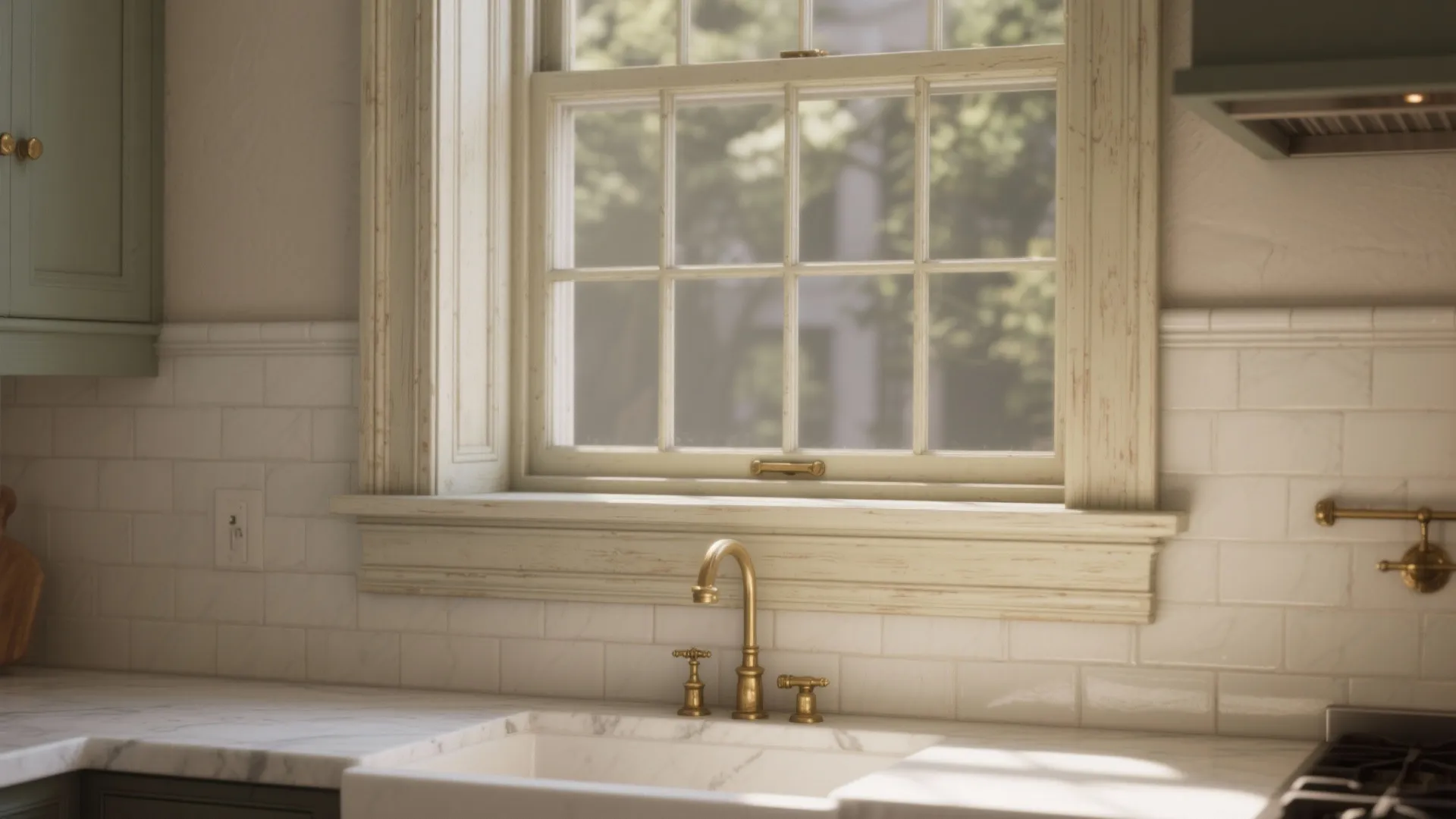 Close view of kitchen sink with gold faucet white tile backsplash and distressed wood window