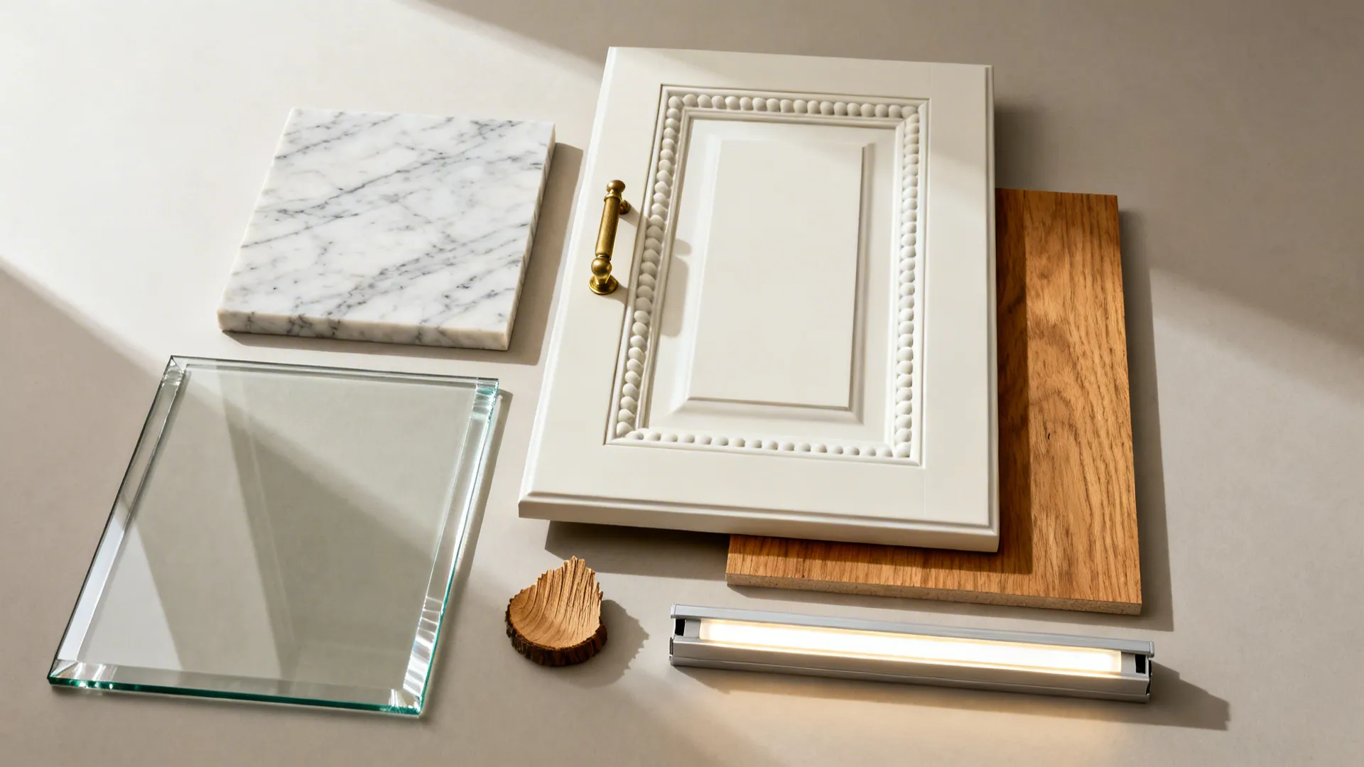 Flat lay of low-iron glass, marble-look quartz, framed cabinet door, brass hardware, and oak veneer.
