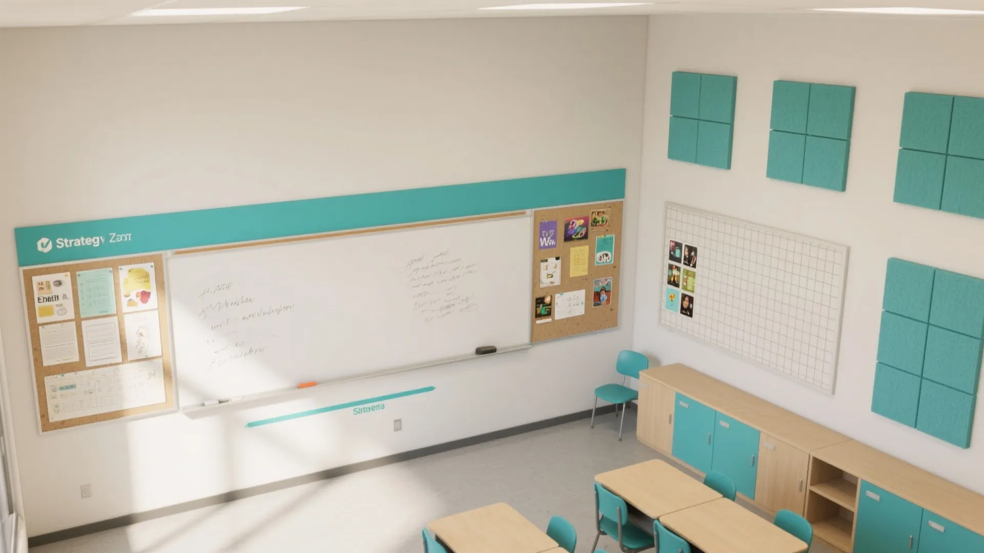 Modern classroom interior with white board blue chairs wooden desks and turquoise wall decoration panels