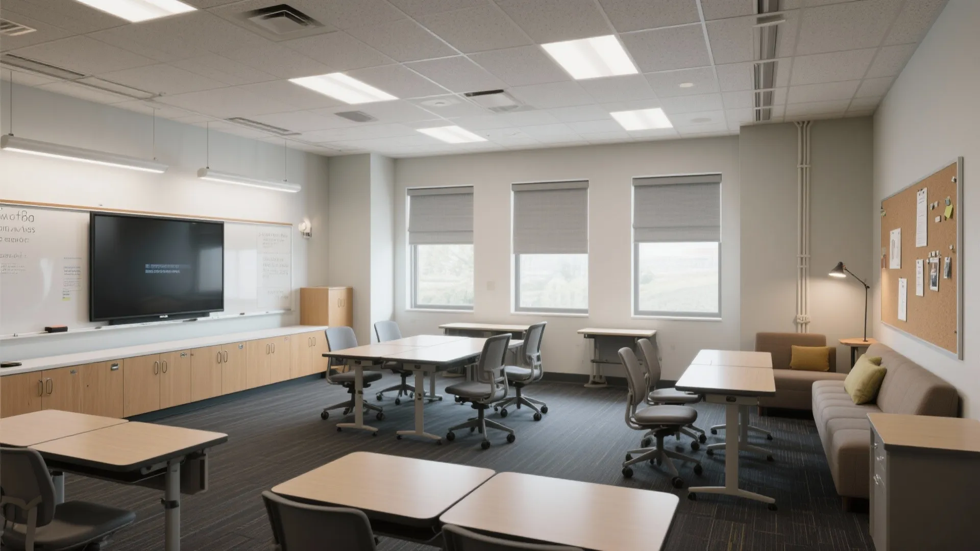 Modern classroom interior with large screen whiteboard wooden desks gray chairs sofa and bright windows