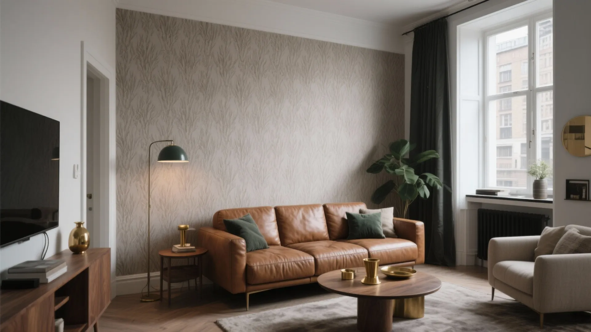 Modern living room featuring brown leather sofa with green pillows beside a tall floor lamp