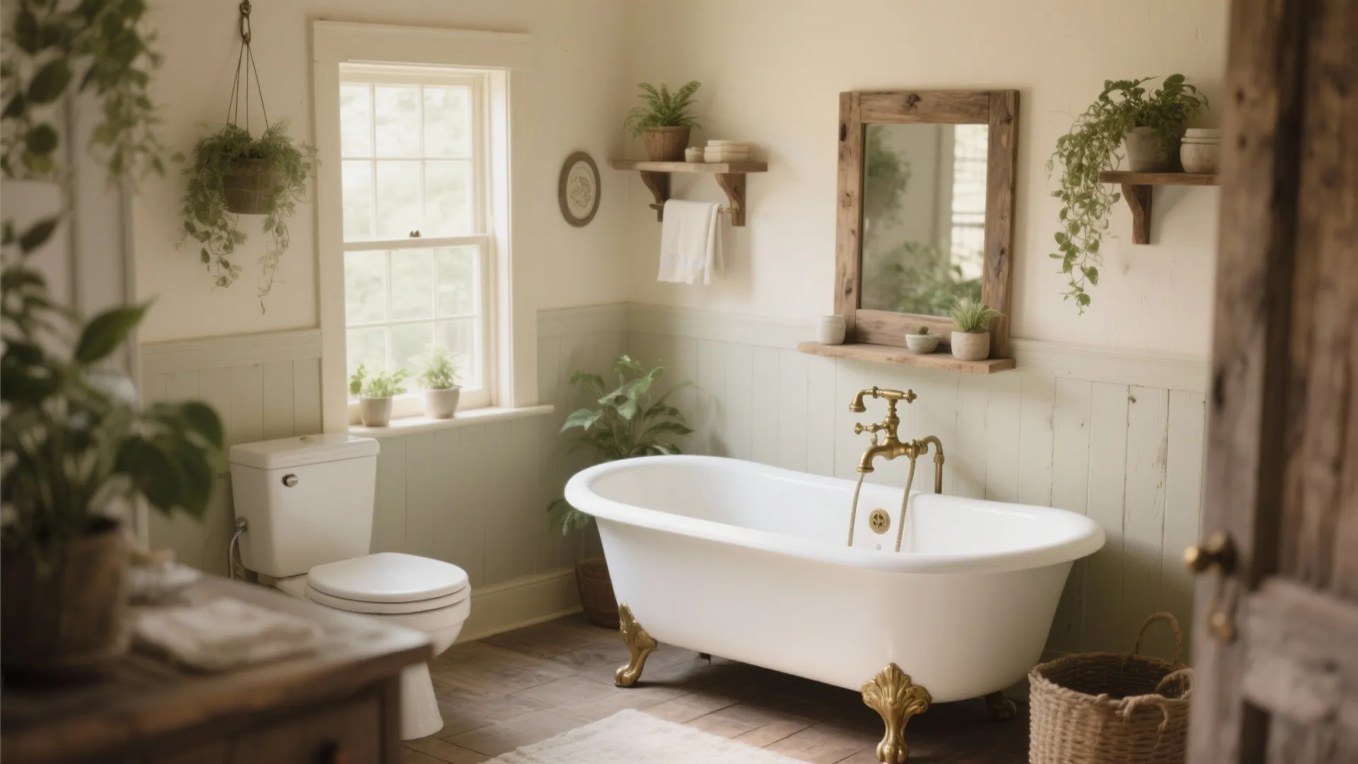 Rustic bathroom featuring white bathtub with gold legs toilet green wall panel mirror and indoor plants