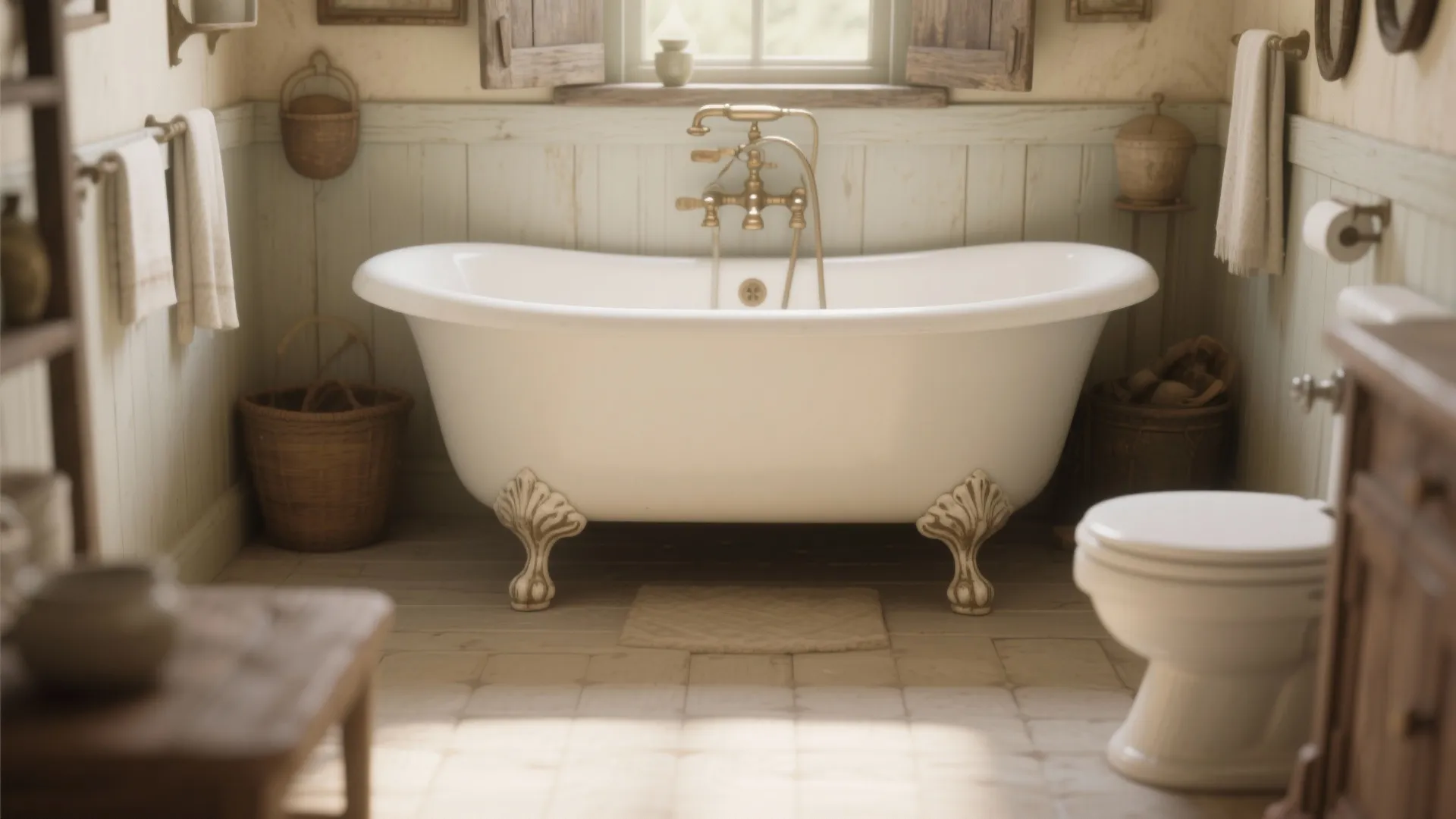 Vintage white bathtub with gold faucet in a rustic bathroom with wall panel and wooden floor