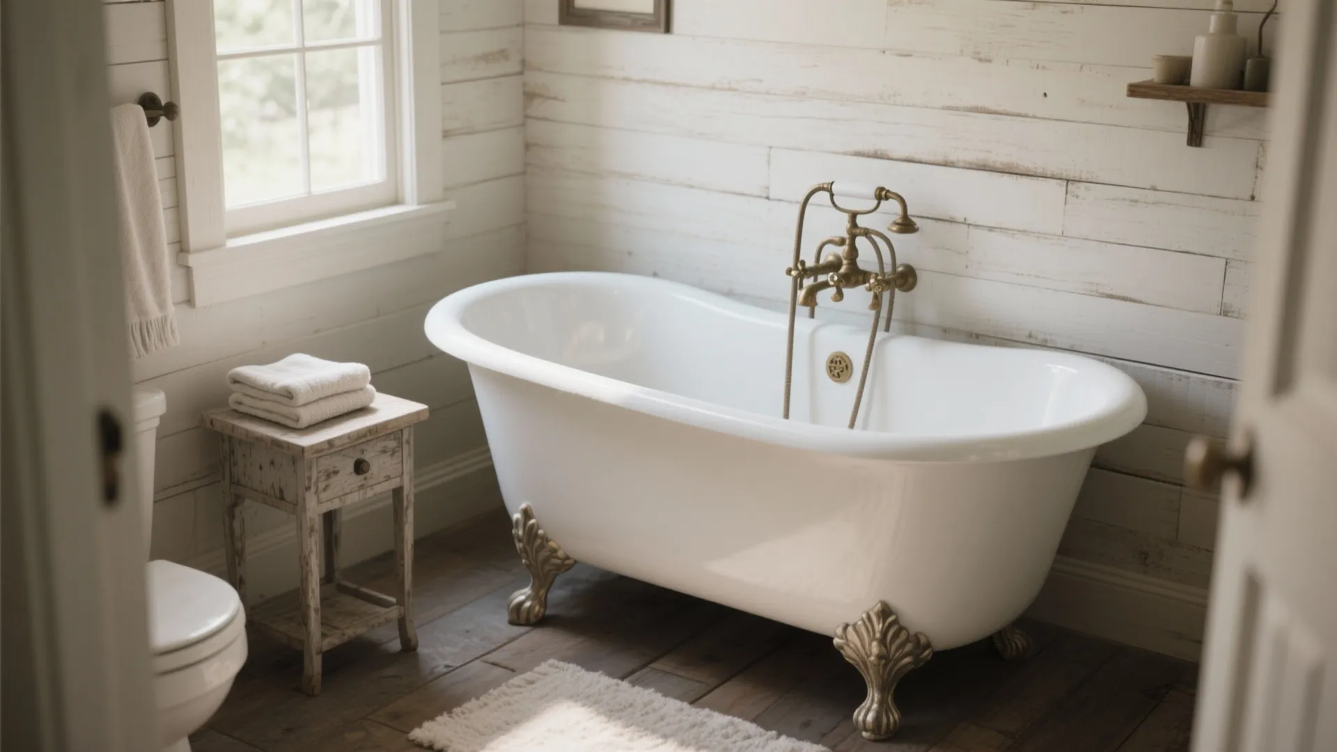 Vintage white bathtub with gold metal legs in a rustic bathroom with wooden wall panels