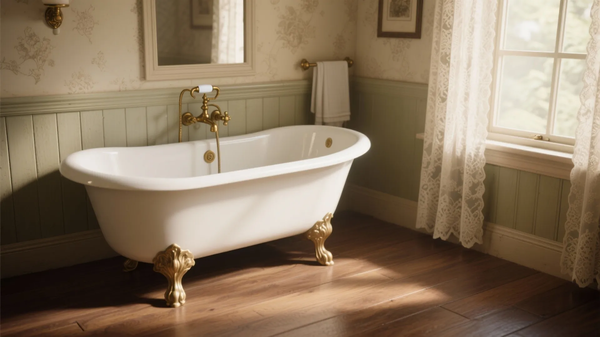 White bathtub with gold legs placed on a wood floor near a green wall panel