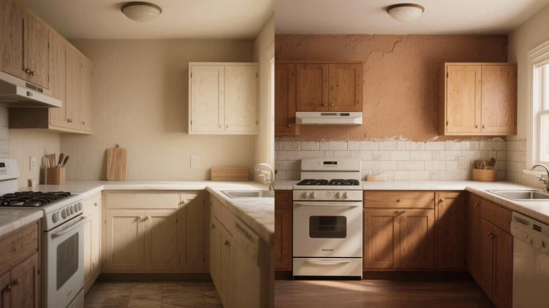 Before-and-after kitchen showing a dusty clay accent wall that makes cabinetry pop.