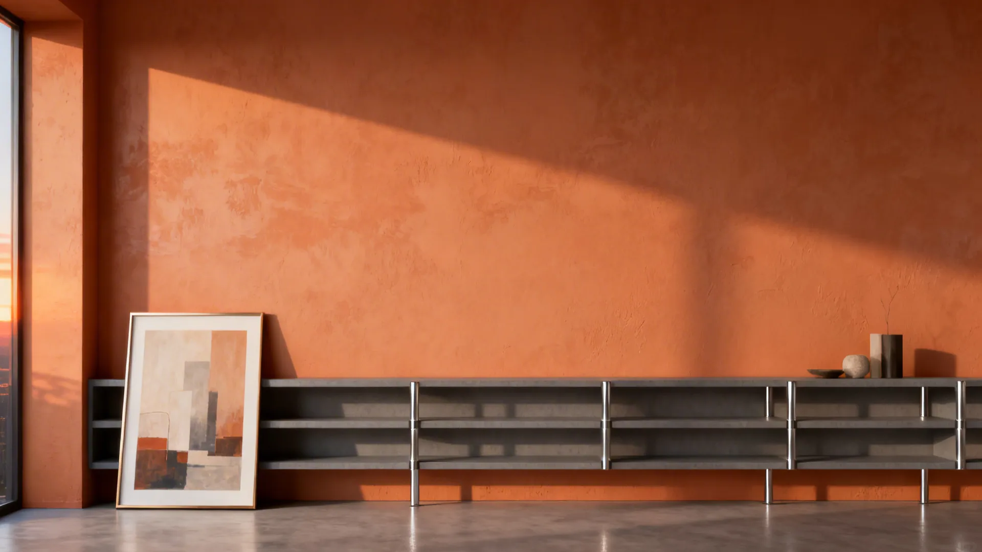 Small room with a muted clay-orange accent wall and minimalist grey shelving used as a gallery backdrop.