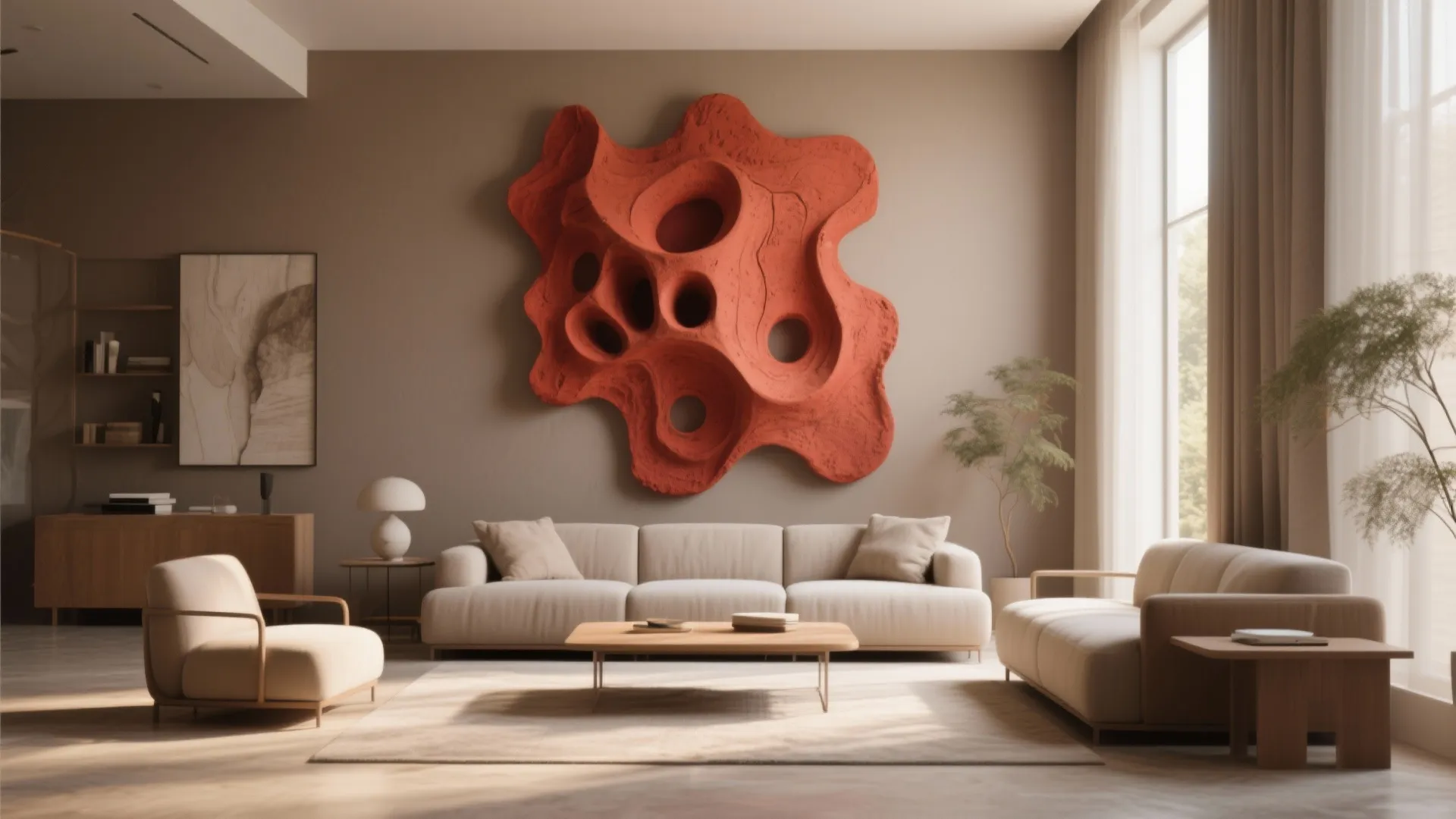 Oversized clay red abstract artwork on taupe wall