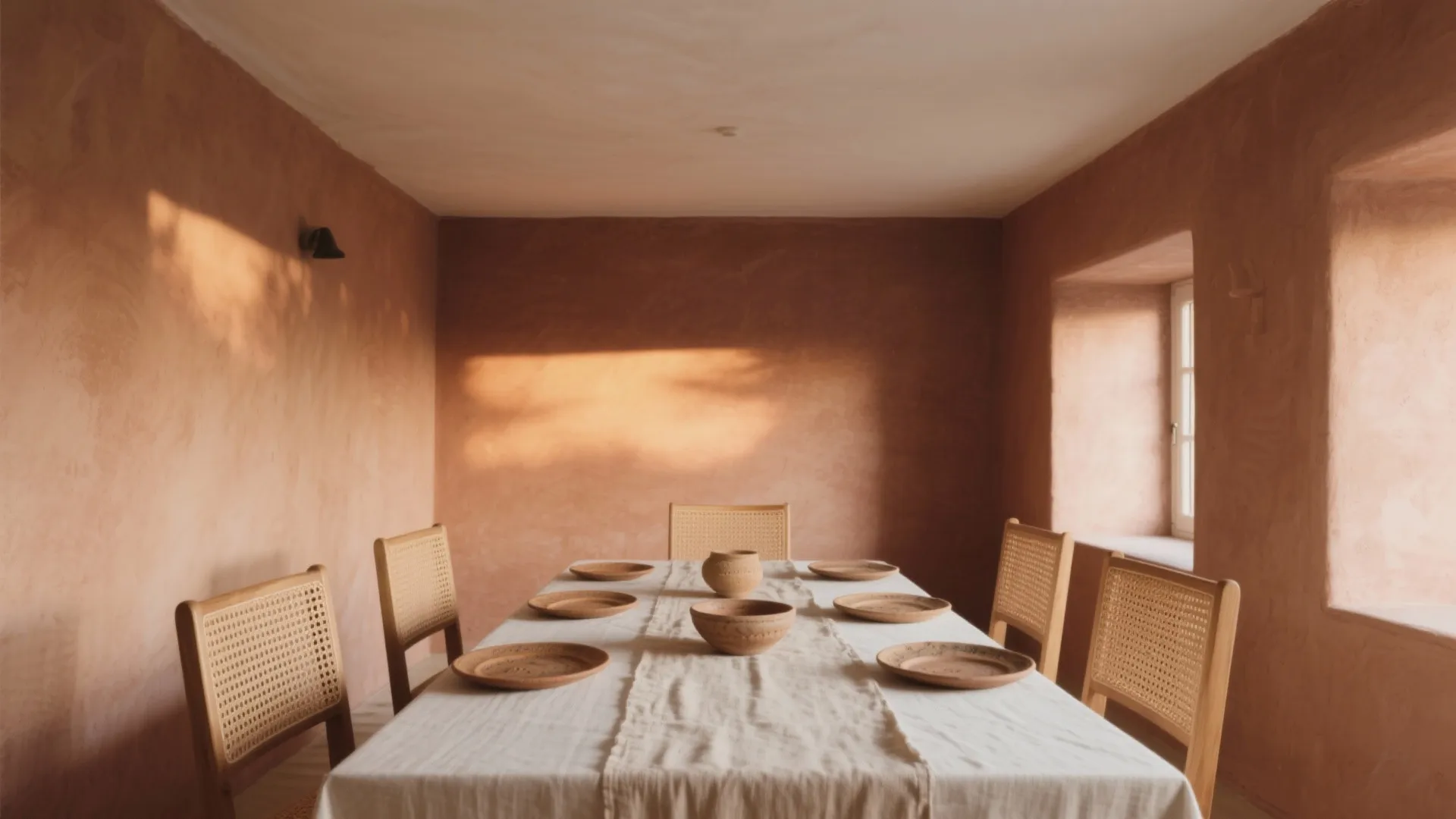 Compact dining nook with muted clay terracotta matte distemper, linen runner, handmade ceramics, and woven chairs