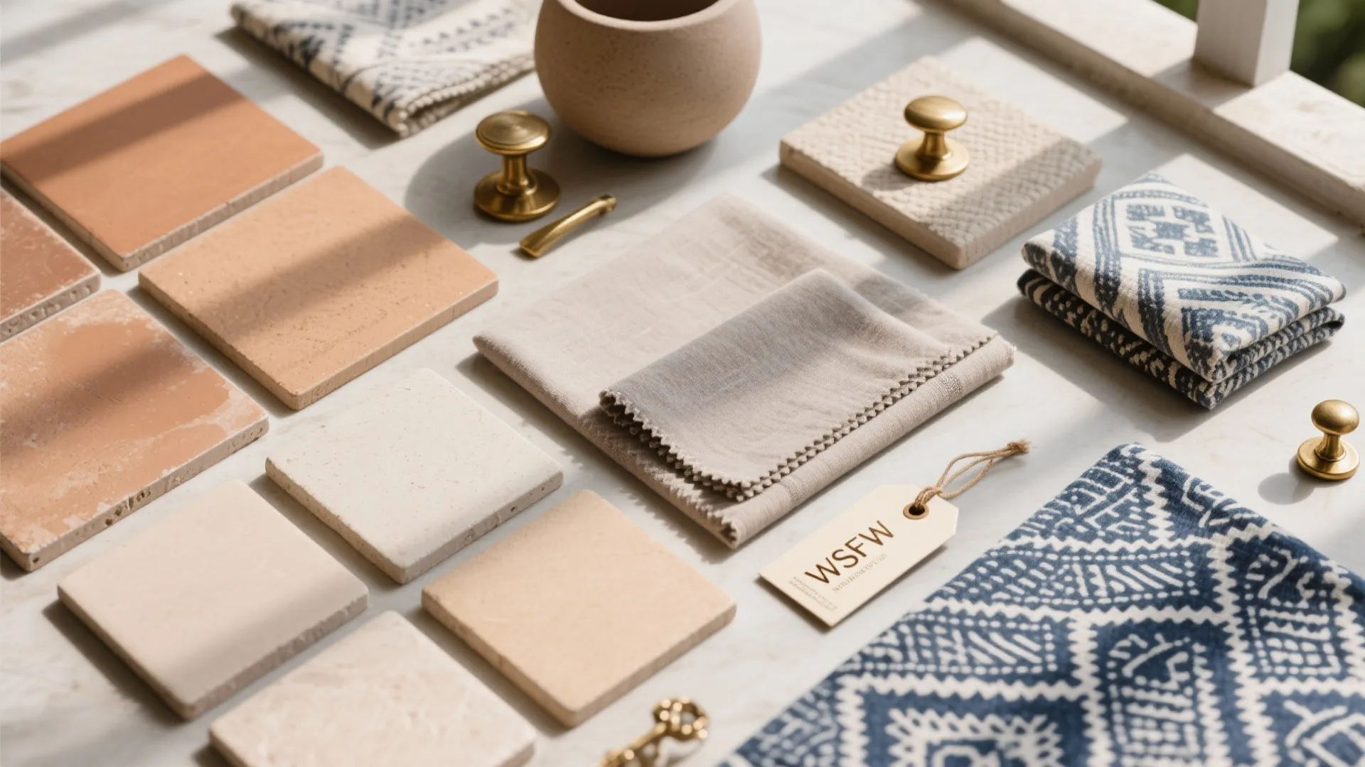 Flat lay of clay and sand tiles, taupe fabrics, indigo prints, and brass hardware in bright light.