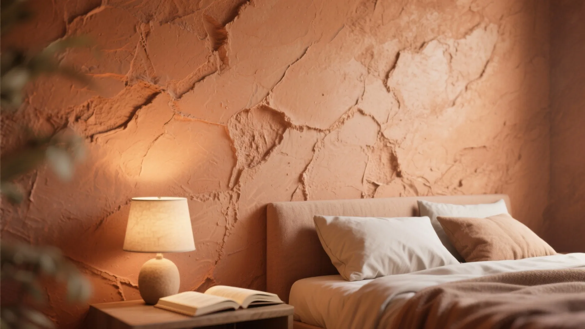 Macro view of clay-mineral wall texture in warm terracotta, showing subtle ridges and handcrafted detail.