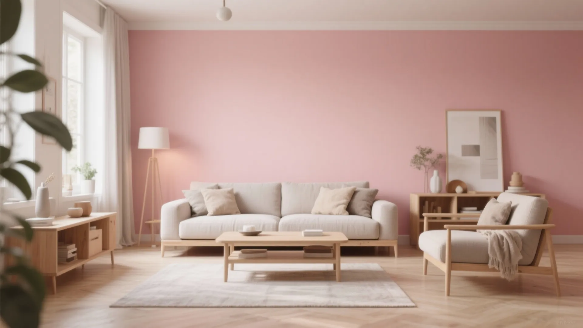 Modern living room featuring pink accent wall light grey sofa wooden coffee table and lamp