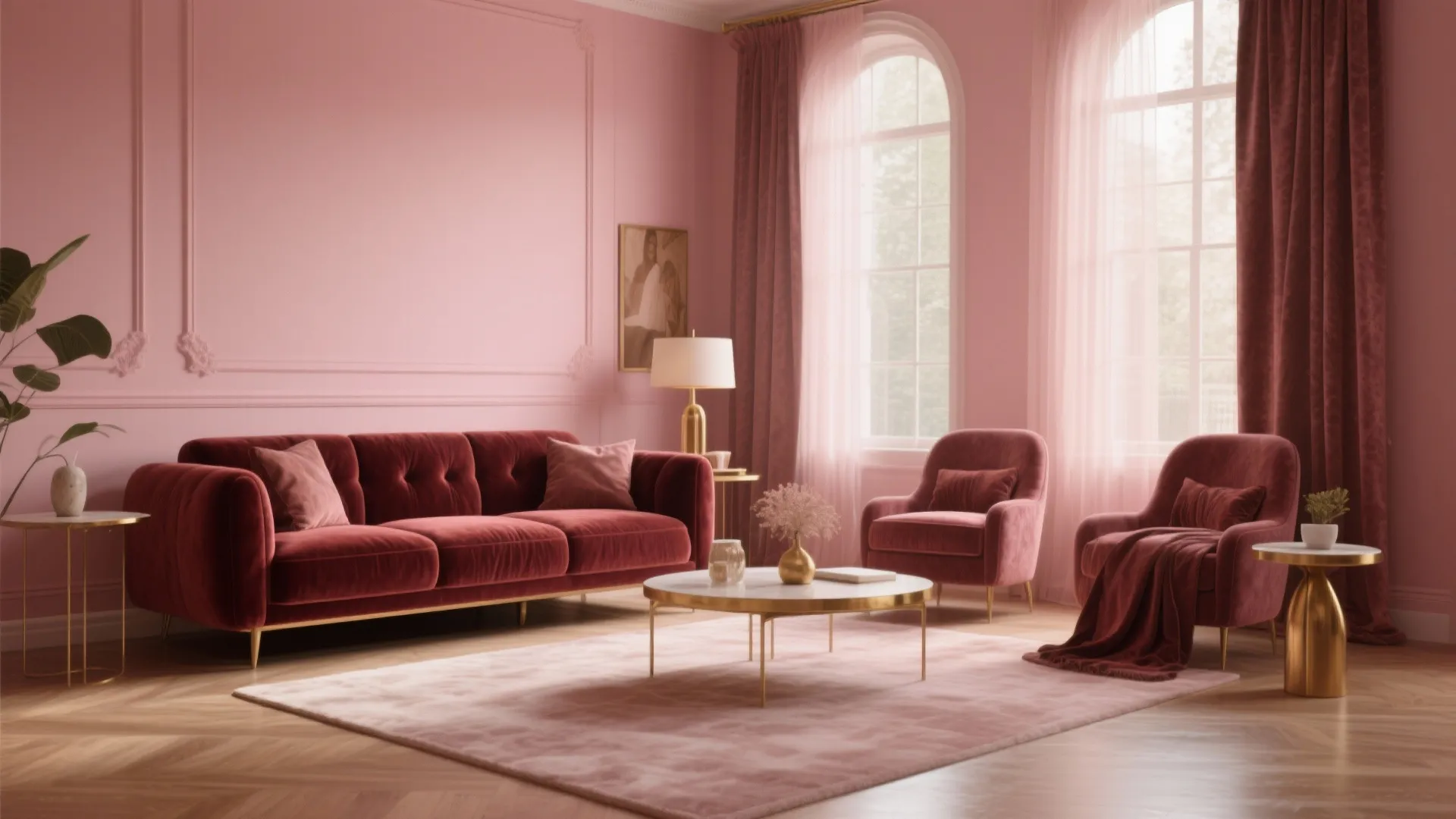 5. Clay Pink Walls with Velvet Sofa