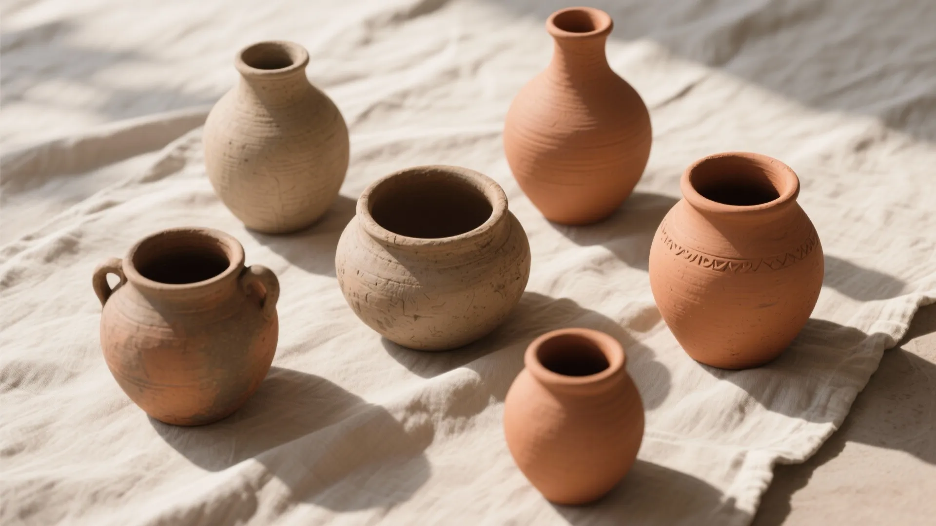 Clay pots in earthy tones on linen background