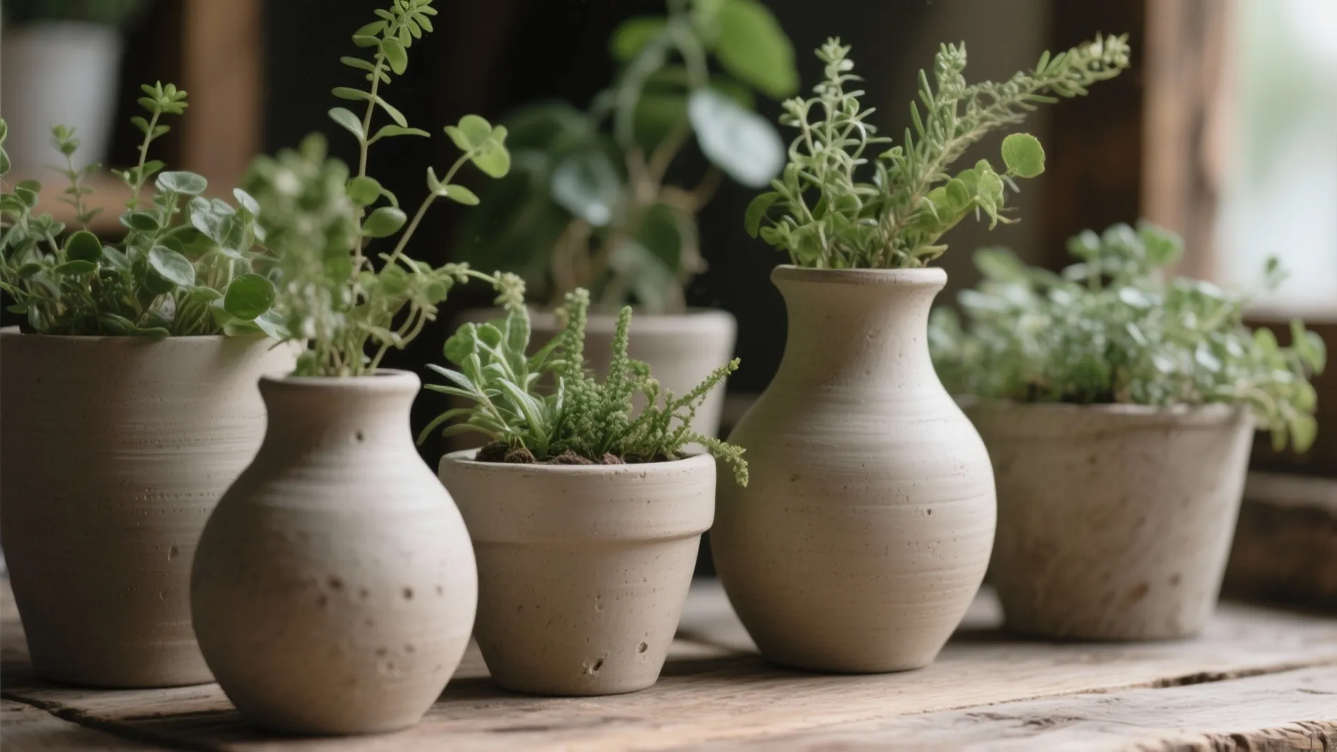 Small handmade clay pots and vases with green plants sitting on a rustic wooden surface