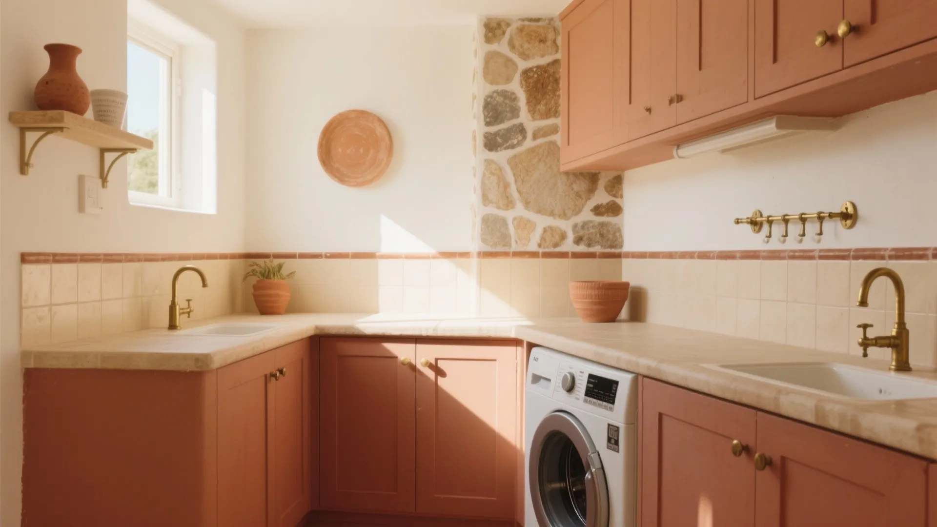 Rustic laundry room with pink cabinets stone wall washing machine gold faucets and natural light
