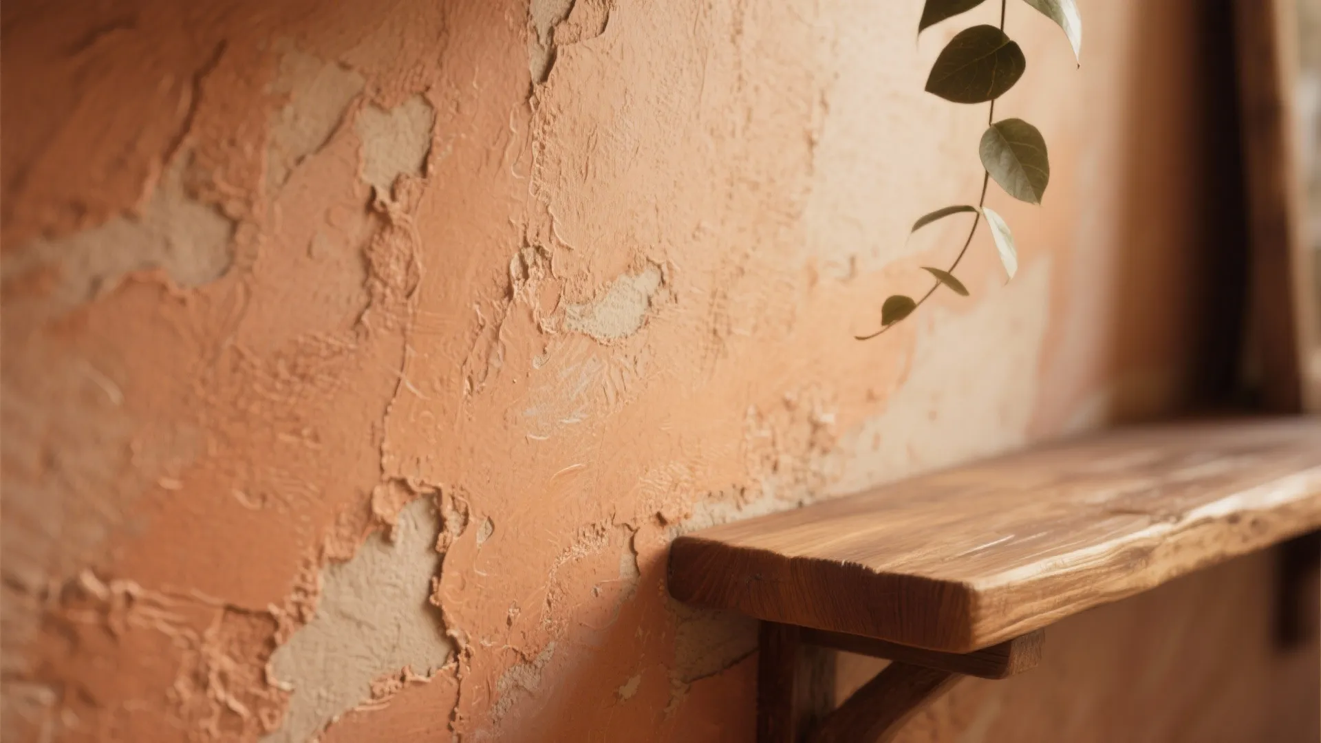 Textured orange clay wall with a wooden shelf, natural green leaves, and rustic interior elements
