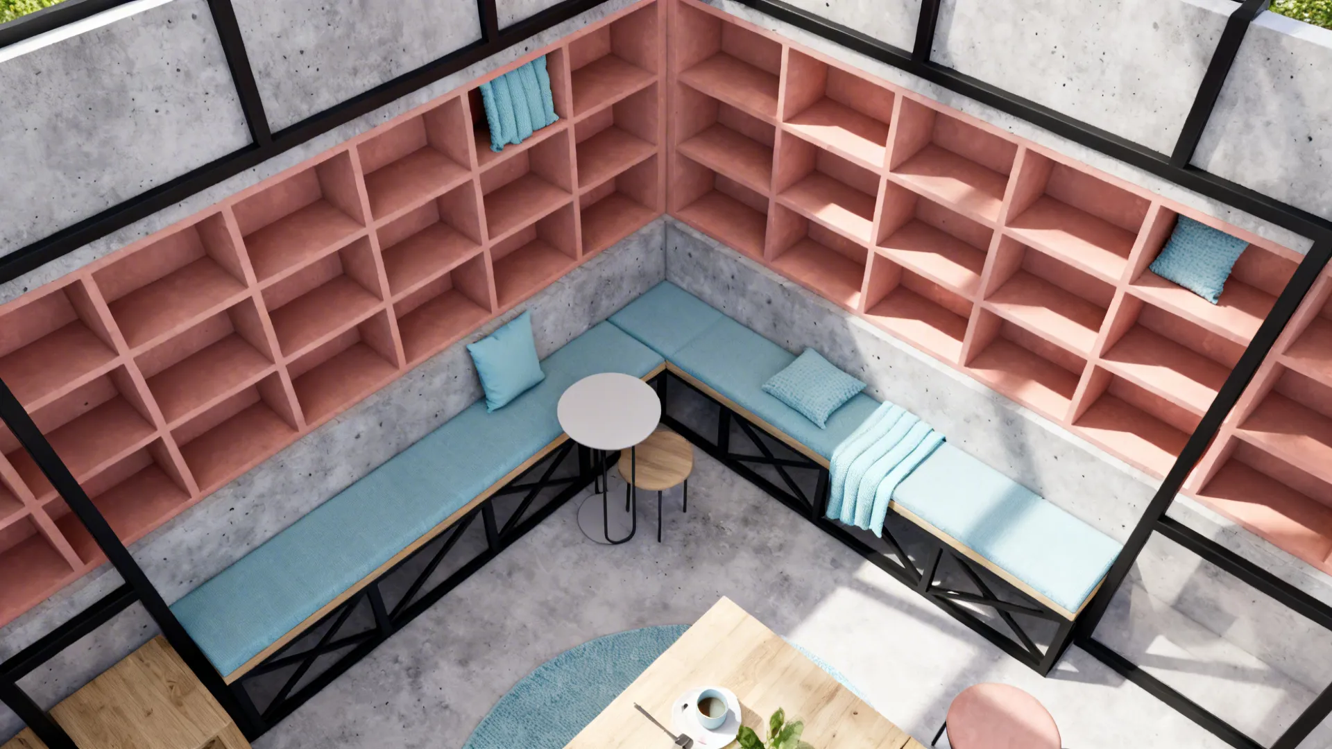 Top-down studio layout with clay pink recessed shelving and powder blue accents beside concrete details.