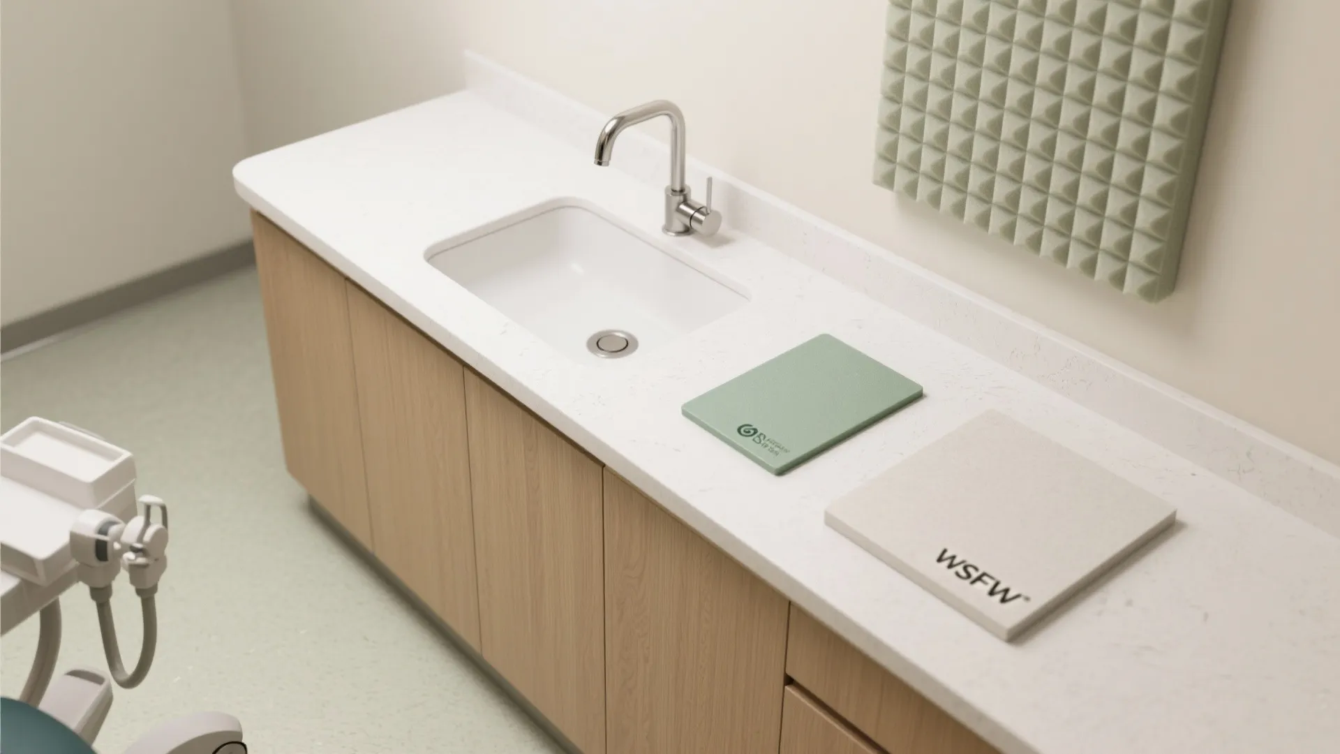 Modern white sink on wooden cabinet with green tiles and a silver faucet in bathroom