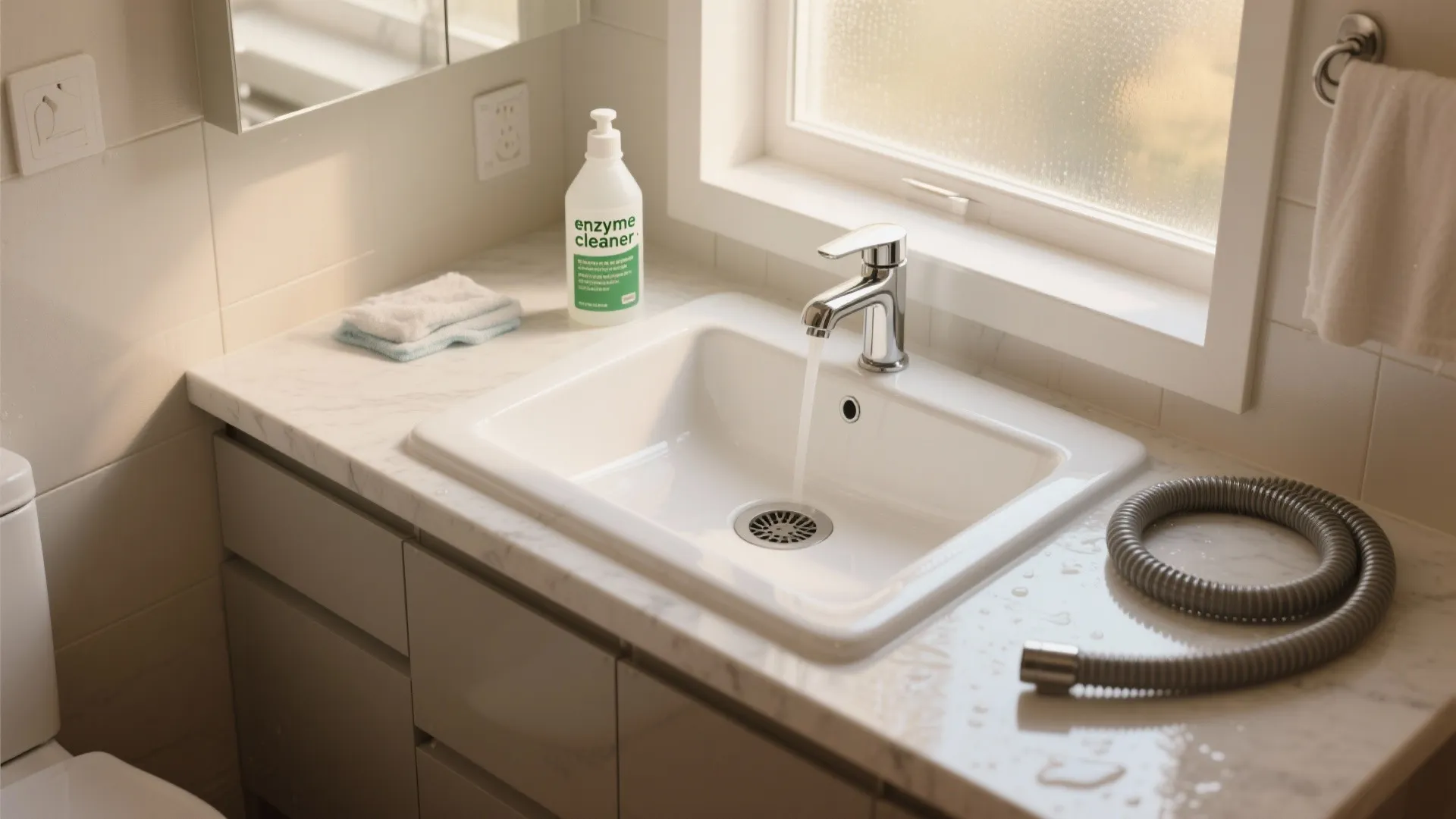White bathroom sink with running water enzyme cleaner bottle grey hose and soft morning sunlight