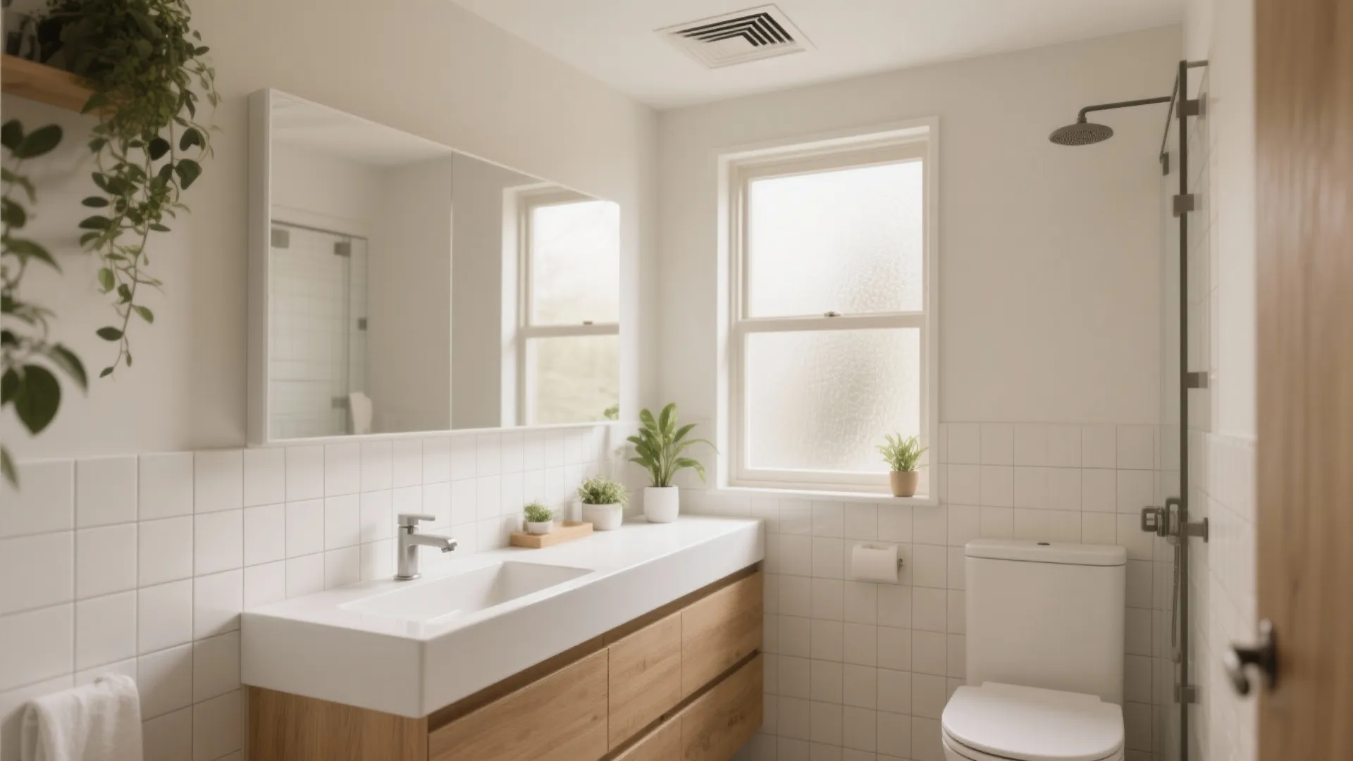 Modern bathroom with white sink wood cabinet mirror toilet black shower head and small plants