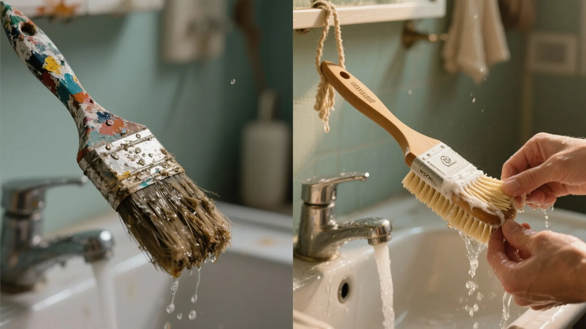 Before and after comparison of a dirty paint brush being washed clean under a water tap