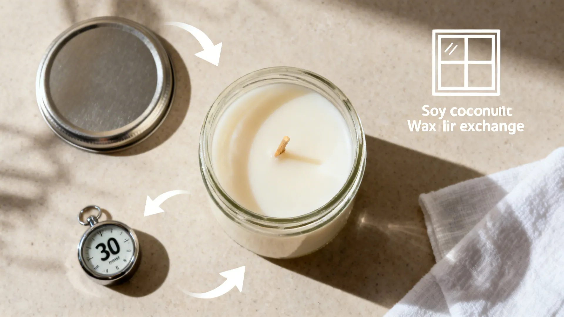 Top-down scene of a clean-burning candle routine with trimmed wick, timer, lid, and ventilation cue.