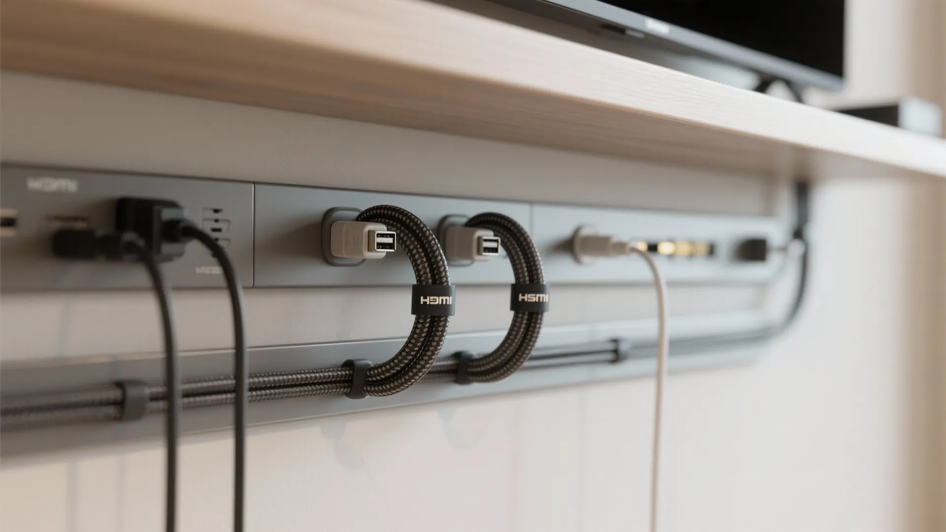 Macro of organized cables with labels, ferrite cores, and separated power lines.