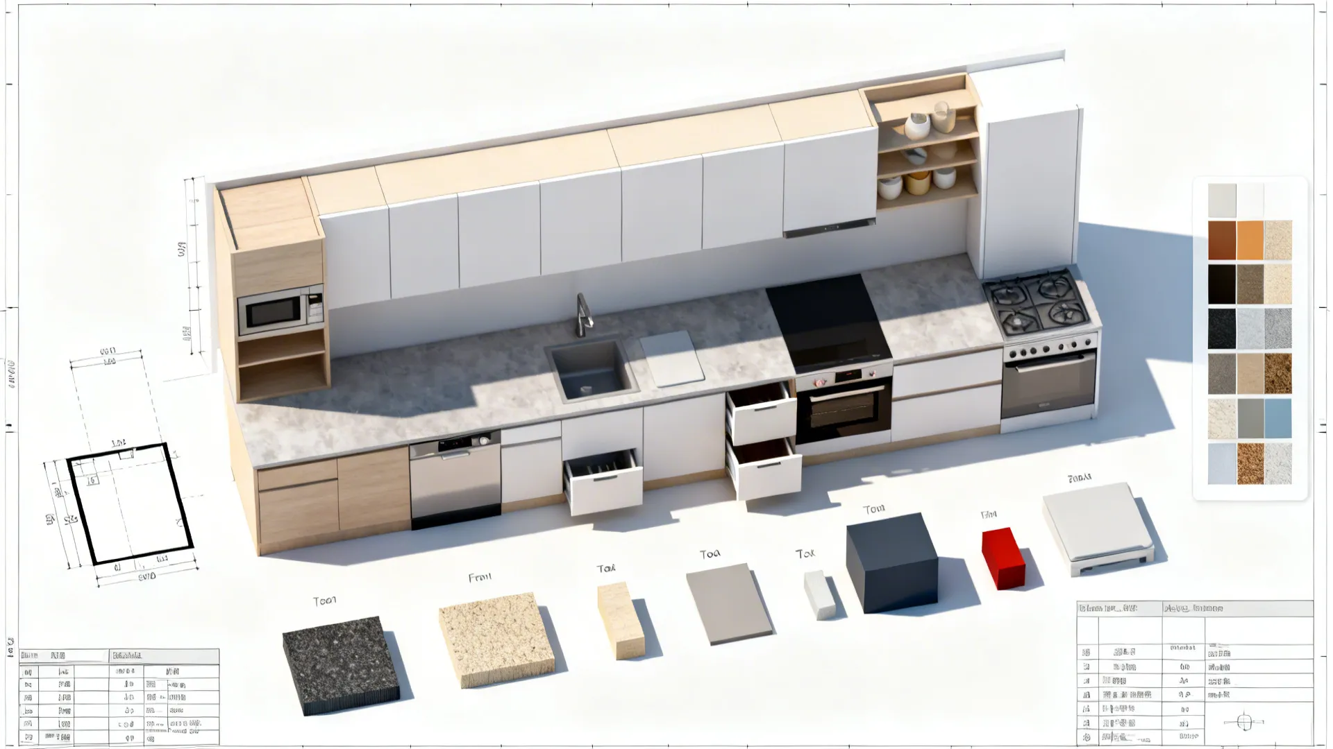 Top-down view showing organized cabinet layers mapped from AutoCAD to 3D components.
