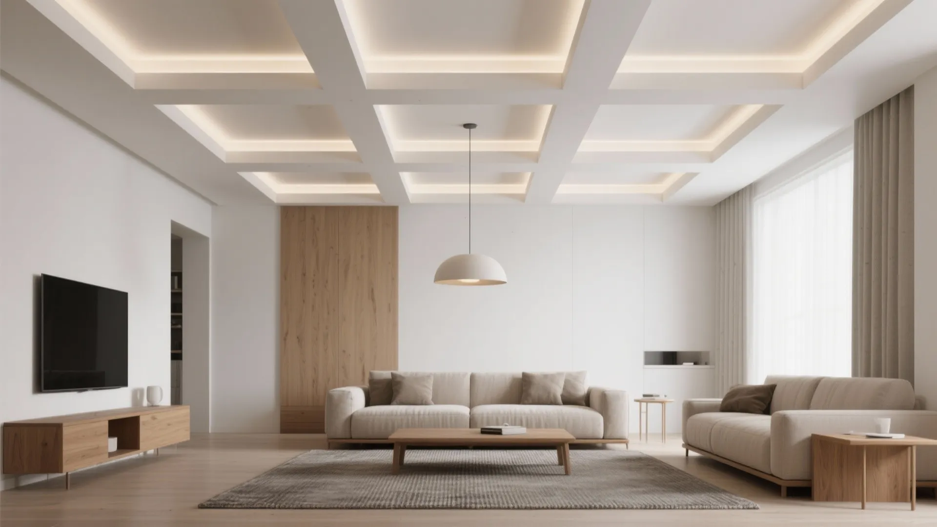 2) Clean Coffered Ceiling: Subtle Grids That Calm the Room