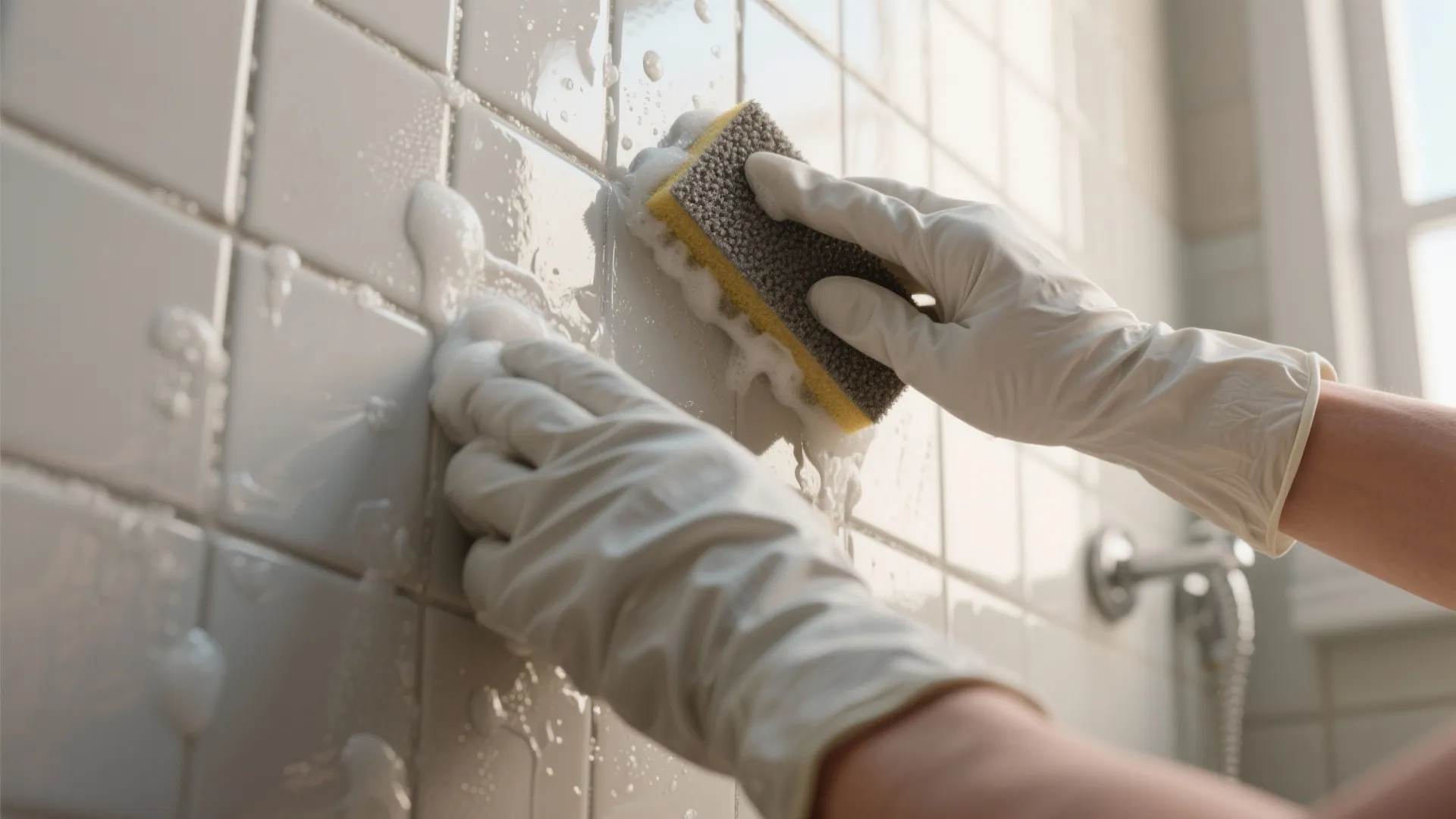 Person wearing white rubber gloves cleaning bathroom wall tiles with a sponge and soapy white foam